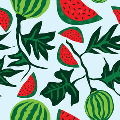 watermelon plants with pieces of red watermelon with white textures seamless pattern. watermelon fruits with its red slices with big leaves and vines spread on greyish white surface seamless pattern.