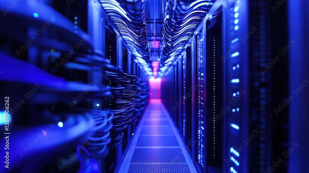 Poster futuristic data center with glowing server racks and blue lighting, creating a modern technology env
