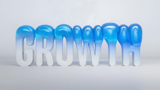 Growth Rising: 3D Animation of Plastic Textured Word Transforming into a Blue Balloon and Floating Upwards