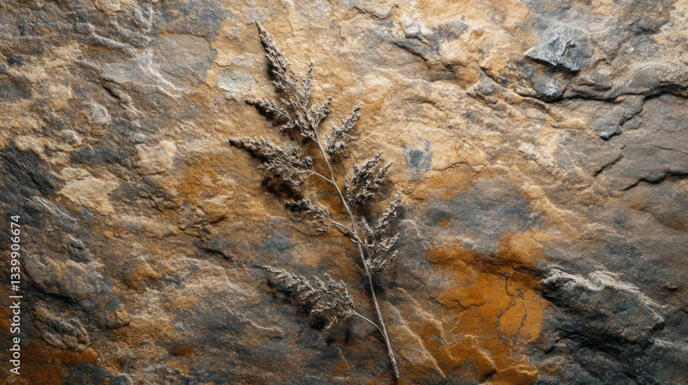 Poster preservation of nature's art: a unique fossilized leaf imprint on ancient stone surface capturing th