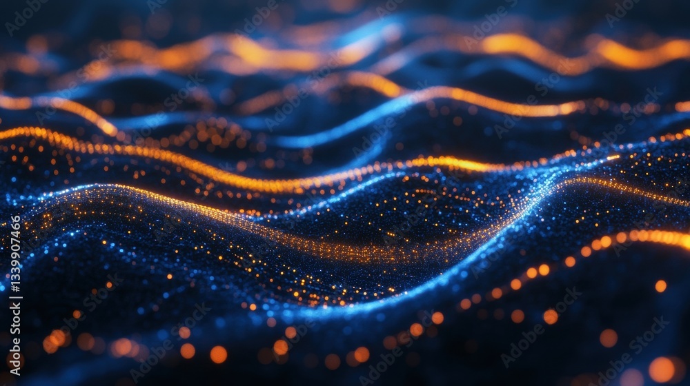 Poster abstract waves of light creating digital flow in vibrant blue and orange tones for technology and in