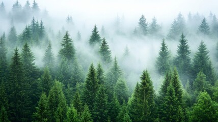 Fototapeta premium Misty Mountain Forest Of Evergreen Trees