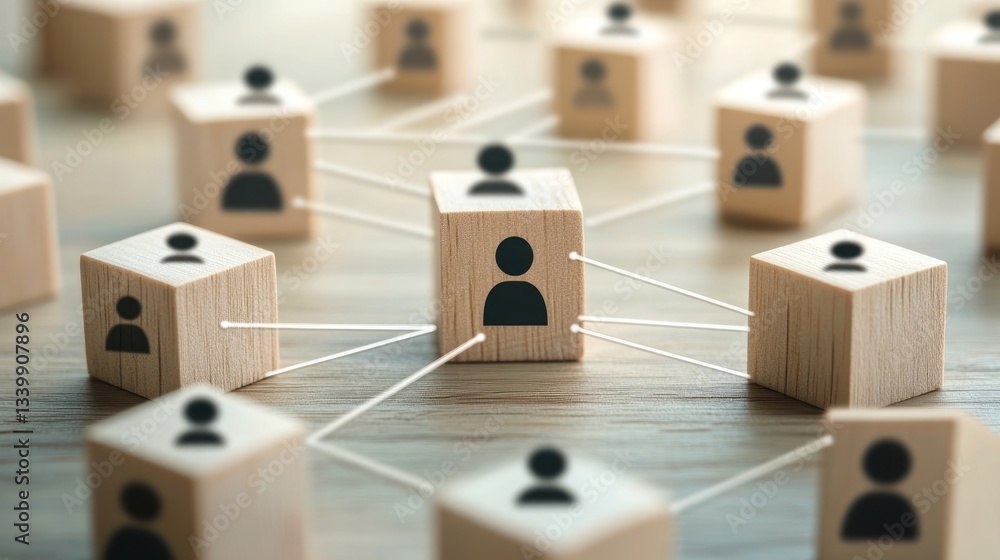 Poster interconnected wooden blocks representing network and teamwork