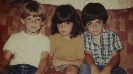 Three young children sit closely on a patterned sofa, with a warm, nostalgic atmosphere highlighting their expressions. The scene captures playful childhood innocence from the 1980s