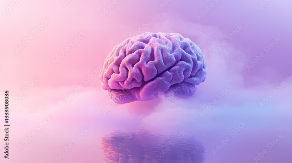 Poster serene brain reflection: a 3d render of a brain floating on a calm purple lake, evoking a sense of t