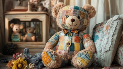 Adorable Patchwork Teddy Bear Sitting on a Cozy Surface Surrounded by Soft Cushions and Colorful Flowers in a Warm Interior Setting