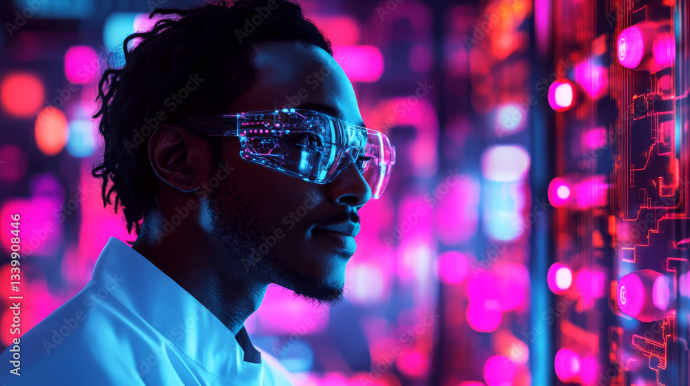 Poster a person in futuristic goggles stares at a glowing digital interface with neon lights. concept of ad