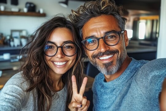 The concept of April Fool's Day is depicted in a selfie of a smiling teenage girl and boy, taken with a smartphone, as the girl teasingly holds two fingers up behind her boyfriend's head