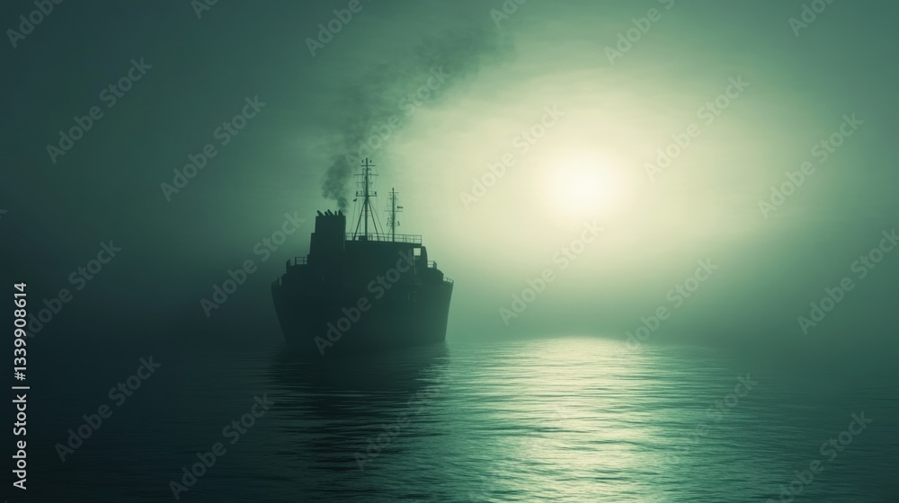 Poster mysterious ship sailing through foggy waters at dawn, creating an enigmatic atmosphere of adventure 