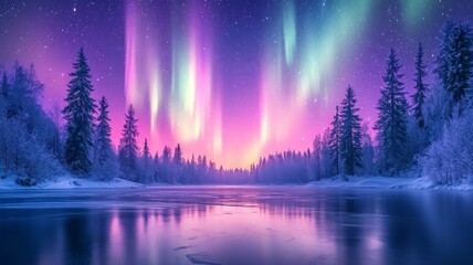 Fototapeta premium Aurora Borealis Illuminates Frozen Winter Forest Lake