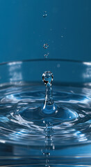 Water drop creating ripples on blue background