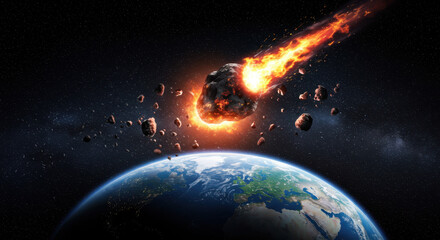 Obraz premium Fiery asteroid approaching Earth in outer space