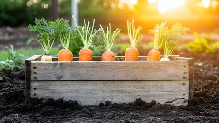 Carrots Growing in Wooden Box Garden