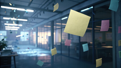 Floating sticky notes in modern office space