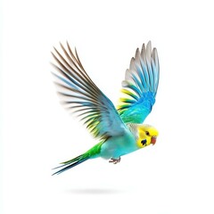 Obraz premium A vibrant budgie in flight against a pure white backdrop, showcasing its beauty and grace in motion.