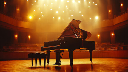 A grand piano with a bench is illuminated on an empty concert hall stage under warm lights. Concept of music and elegance. For music event promotions.