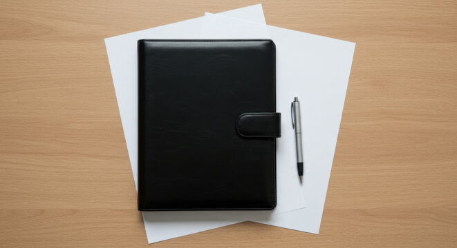 A black leather covered diary and white papers on a wooden desk