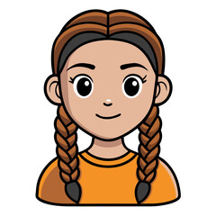 a cute cartoon illustration of a young girl with two braids and an orange top, smiling gently. Her expression and appearance conveys innocence and approachability