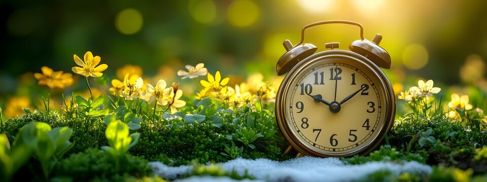 Spring forward. Time change in spring. Daylight saving time. Vintage alarm clock with melted snow, fresh green grass, and tiny spring flowers. Clock turn forward one hour in spring,

