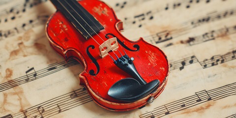 Naklejka premium Vintage Red Violin on Aged Sheet Music – Rustic Musical Charm