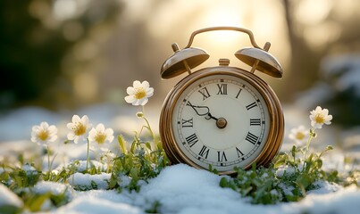 Spring forward. Time change in spring. Daylight saving time. Vintage alarm clock with melted snow, fresh green grass, and tiny spring flowers. Clock turn forward one hour in spring,

