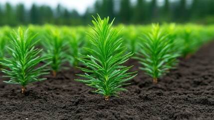 Vibrant Green Saplings in a Lush Forest Nursery