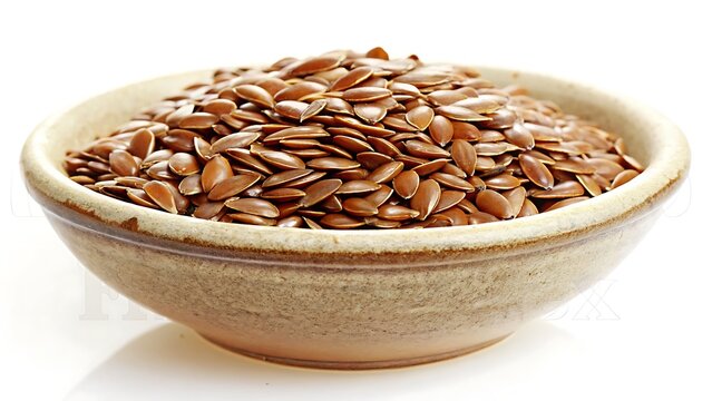A Rustic Bowl Brimming With Healthy Flax Seeds, A Wholesome Natural Food Source Offering Essential Nutrients For A Balanced Diet, Presented Against A Bright White Backdrop