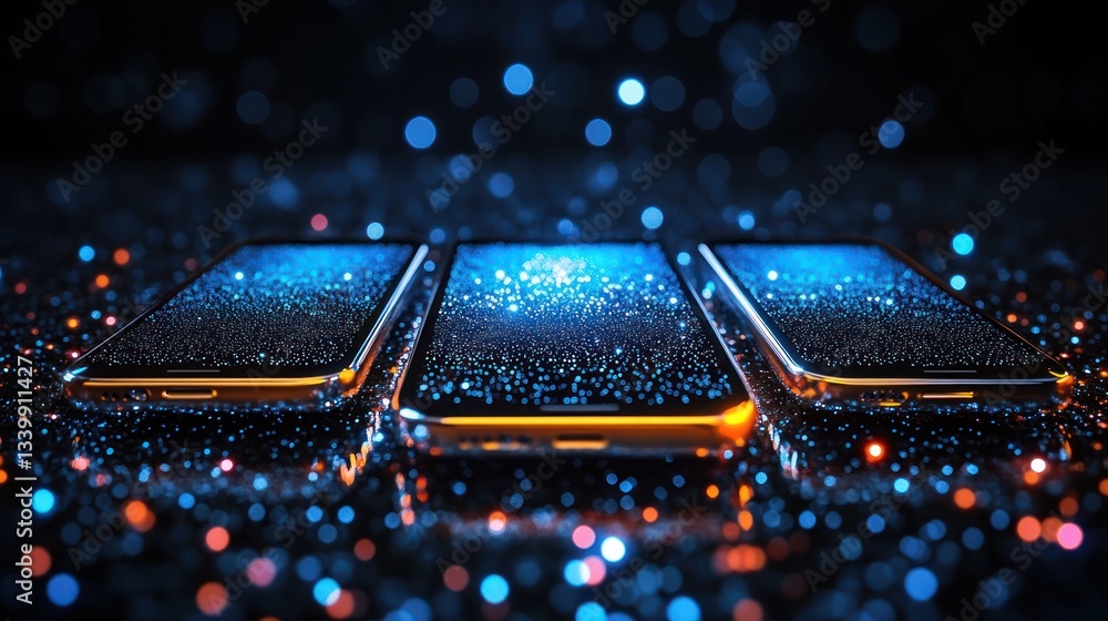 Poster digital connection: three smartphones illuminated by data streams