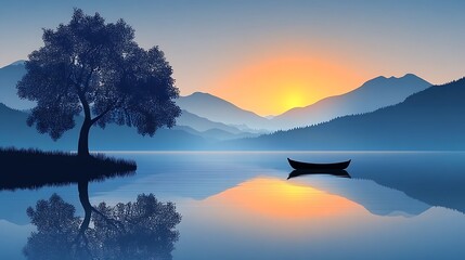 Fototapeta premium A serene isolated vector illustration of a sunset viewed from a boat on the water with warm colors.