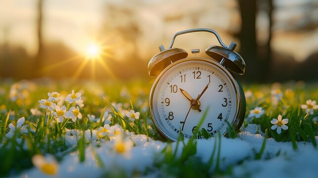 Spring forward. Time change in spring. Daylight saving time. Vintage alarm clock with melted snow, fresh green grass, and tiny spring flowers. Clock turn forward one hour in spring,

