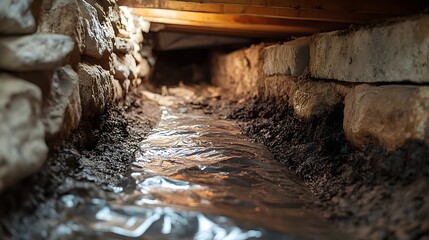 Fototapeta premium The vapor barrier is p next to an opening in the crawl space where damp earth is visible underscoring its importance in creating a protective barrier against moisture intrusion,