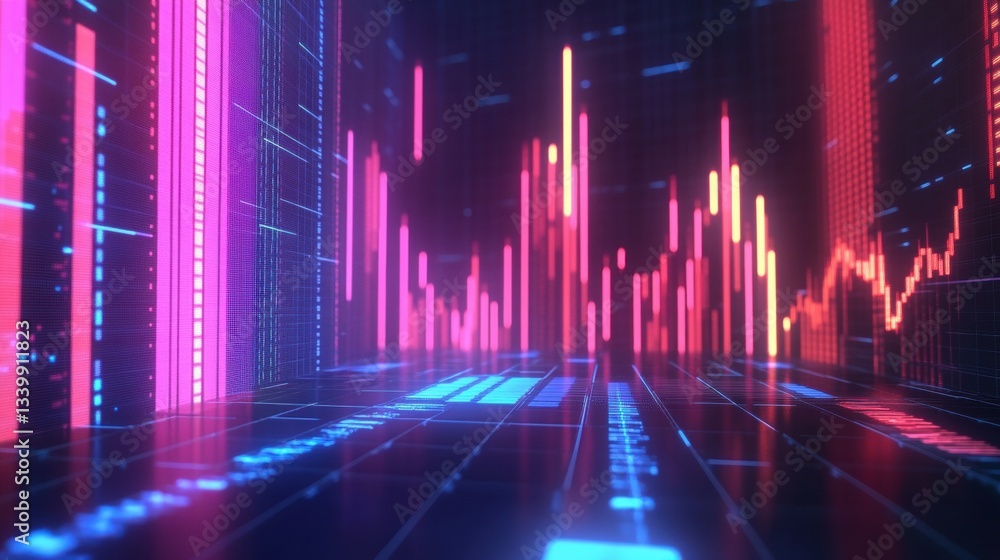 Poster abstract digital visualization of stock market trends with vibrant colors and glowing lines represen