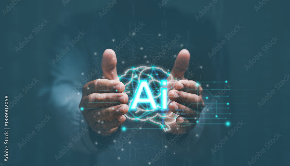 Aufkleber Artificial intelligence or Ai concept, Human hands holding ai brain for generate something, Innovation of futuristic technology for automation robot machine. Machine learning technology development.