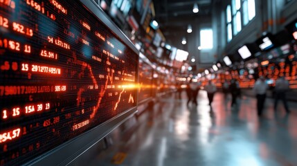 This vivid image showcases a lively financial environment with multiple digital screens displaying real-time data and stock information, embodying the fast-paced world of finance and technology.