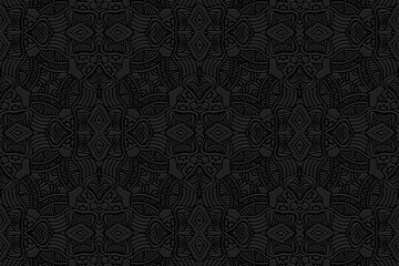 Geometric black background, tribal cover design, ethnic banner. Artistic 3D pattern. Embossing, relief texture. Ornaments, arabesques, mandala of the East, Asia, India, Mexico, Aztec, Peru.