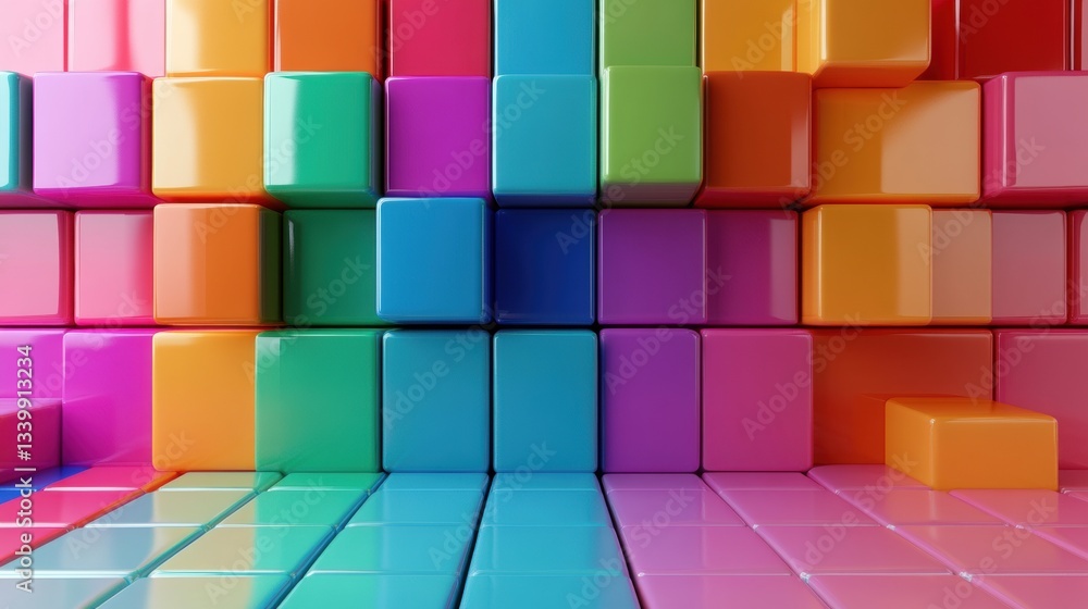 Poster colorful 3d render of vibrant square blocks arrangement focusing on bright, glossy surfaces creating