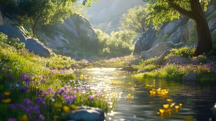 Serene Stream Flows Through Vibrant Spring Meadow