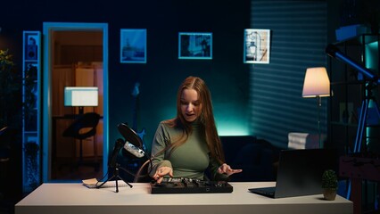 Young artist films DJ mixing tutorial in apartment studio, showing examples of sampling on sound...