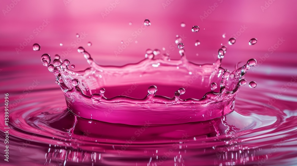 Poster Pink water splash with droplets creating a crown shape, close-up view. Fluid dynamics art