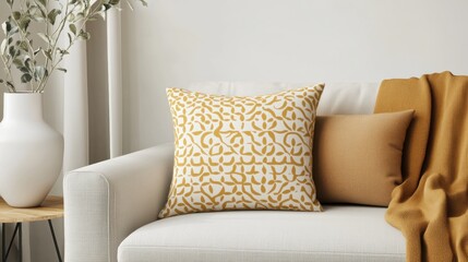 Elegant interior design featuring decorative pillows with vibrant yellow patterns on a cozy sofa in a modern living room setting