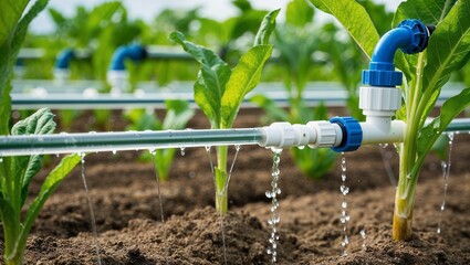 irrigation pipe watering young plants.