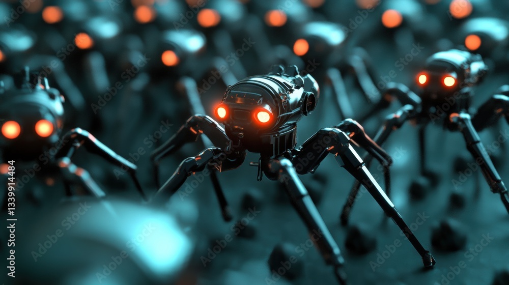 Poster futuristic robotic spiders with glowing eyes in high-tech environment representing advanced technolo