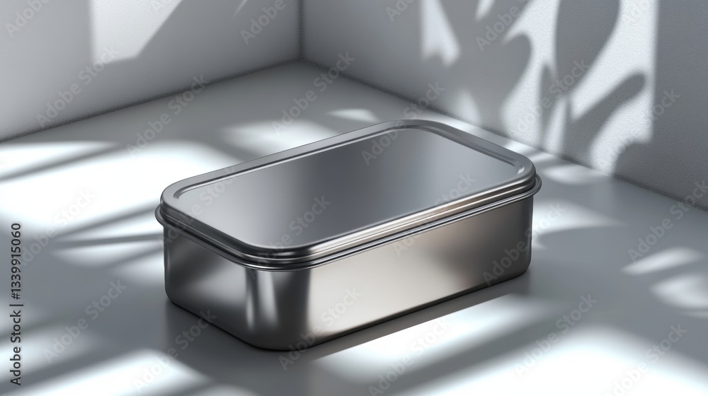 Poster Metallic Rectangular Container with Soft Shadows and Subtle Reflections on a Light Background in a Minimalistic Interior Setting