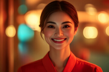 Obraz premium A woman in a red outfit smiles warmly against a blurred, colorful background of lights. Concept of happiness and warmth. For portrait photo or happiness theme.
