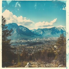 Beautiful cityscape nestled below majestic snow capped mountains under skies