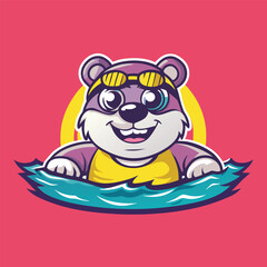 Vector Logo Illustration of a Swimming Bear Mascot Driving a Shopping Cart