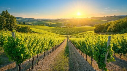 Naklejka premium Sunlit Vineyard Rolling Hills Scenic Landscape
