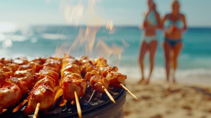 Enjoy a sunny day at the beach with sizzling skewers and friends gathered around a vibrant BBQ.