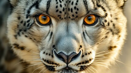 Naklejka premium A striking closeup of a snow leopards face, showcasing its detailed fur and intense gaze against a soft backdrop.