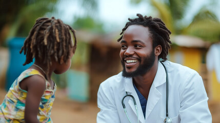 Obraz premium Doctor in a white coat with a stethoscope smiles warmly at a child outdoors. Concept of healthcare and community connection. For healthcare promotion.